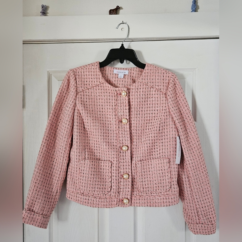 NWT Liz Claiborne Pink Tweed Blazer with Pearl Buttons. Fully Lined. Size 4 - Picture 1 of 5